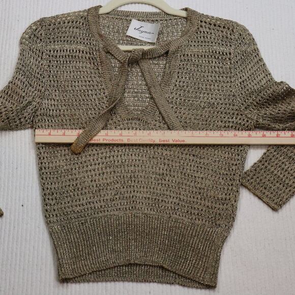Vintage Jayna New York Metallic Knit Top Tie Neck Gold Sheer Sz XS - Picture 5 of 5